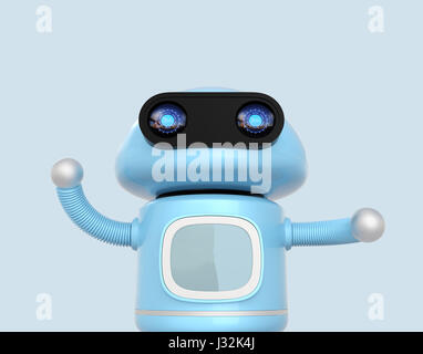 Cute blue robot isolated on light blue background. 3D rendering image. Stock Photo