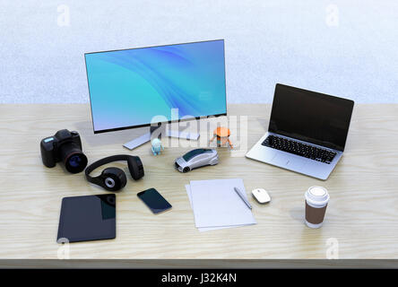 Graphic designer desktop with laptop PC, DSLR camera, wireless headphone and keyboard. 3D rendering image. Stock Photo