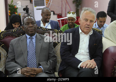 The Special Representative of the UN Secretary-General (SRSG) for Somalia, Michael Keating, (right) the Special Representative of the African Union Commission Chairperson (SRCC) for Somalia, Ambassador Francisco Caetano Madeira (left) during a meeting with the Jubbaland State President, Ahmed Mohamed Islam Madobe (not in the picture) in Kismaayo, Somalia, on February 12, 2017. AMISOM Photo / Barut Mohamed Stock Photo