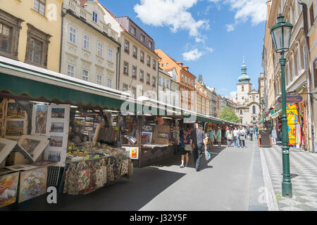 PRAGUE, CZECH REPUBLIC, JULY 6, 2016:  People shopping at Havelske Trziste (Havel's Market), permanent market in the city centre Stock Photo