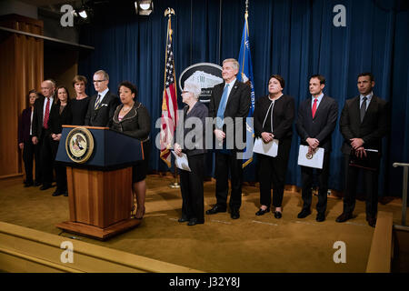 011117: Washington, DC - CBP Attends Press Conference at the Department Of Justice - Volkswagen Emissions Investigation.  Announcement was made by Attorney General Loretta E. Lynch seen here speaking.  Announcements were also made by EPA Administrator Gina McCarthy and Assistant Administrator Cynthia Giles, Deputy Attorney General Sally Q. Yates, FBI Deputy Director Andrew McCabe, Acting Deputy Secretary Russell C. Deyo for the Department of Homeland Security, U.S. Attorney Barbara L. McQuade of the Eastern District of Michigan, Assistant Attorney General Leslie R. Caldwell of the Justice Depa Stock Photo