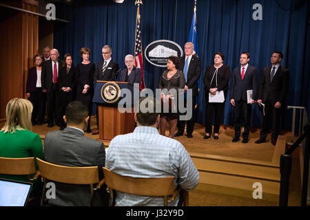 011117: Washington, DC - CBP Attends Press Conference at the Department Of Justice - Volkswagen Emissions Investigation.  Announcements were made by Attorney General Loretta E. Lynch, EPA Administrator Gina McCarthy seen here speaking, Assistant Administrator Cynthia Giles, Deputy Attorney General Sally Q. Yates, FBI Deputy Director Andrew McCabe, Acting Deputy Secretary Russell C. Deyo for the Department of Homeland Security, U.S. Attorney Barbara L. McQuade of the Eastern District of Michigan, Assistant Attorney General Leslie R. Caldwell of the Justice Department’s Criminal Division, Assist Stock Photo