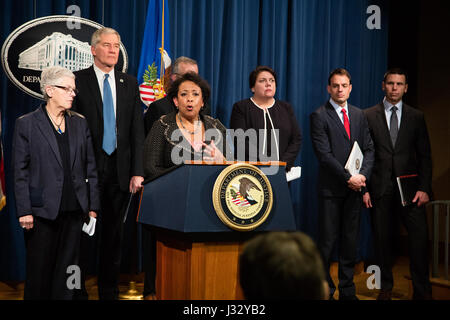 011117: Washington, DC - CBP Attends Press Conference at the Department of Justice - Volkswagen Emissions Investigation.  Announcement was made by Attorney General Loretta E. Lynch seen here speaking.  Announcements were also made by EPA Administrator Gina McCarthy and Assistant Administrator Cynthia Giles, Deputy Attorney General Sally Q. Yates, FBI Deputy Director Andrew McCabe, Acting Deputy Secretary Russell C. Deyo for the Department of Homeland Security, U.S. Attorney Barbara L. McQuade of the Eastern District of Michigan, Assistant Attorney General Leslie R. Caldwell of the Justice Depa Stock Photo