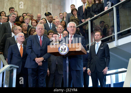 U.S. Secretary of State Rex Tillerson delivers welcome remarks to State Department employees in the main lobby of the Department's Harry S. Truman building on his first day as Secretary of State in Washington, D.C., on February 2, 2017. Stock Photo