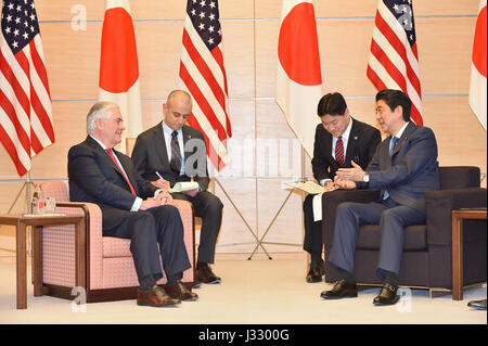 U.S. Secretary of State Rex Tillerson meets with Japanese Prime Minister Shinzo Abe in Tokyo, Japan, on March 16, 2017.] Stock Photo