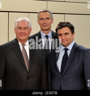 U.S. Secretary of State Rex Tillerson poses for a photo with NATO Secretary General Jens Stoltenberg and Ukraine Foreign Minister Pavlo Klimkin at the NATO-Ukraine Commission at NATO Headquarters in Brussels, Belgium, on March 31, 2017. Stock Photo