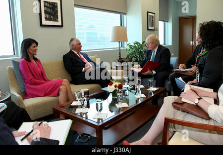 U.S. Secretary of State Rex Tillerson, with Ambassador Nikki Haley, U.S. Permanent Representative to the United Nations, meets with UK Foreign Secretary Boris Johnson in New York City on April 28, 2017. Stock Photo