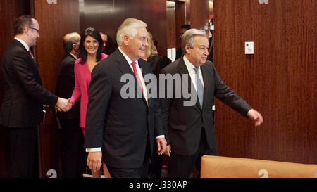 U.S. Secretary of State Rex Tillerson and UN Secretary-General António Guterres prepare for their bilateral meeting at the United Nations in New York City on April 28, 2017. Stock Photo