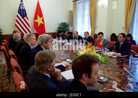 U.S. Secretary of State John Kerry addresses acting Vietnamese Foreign Minister Bui Thanh Son during a bilateral meeting on January 13, 2017, at the Ministry of Foreign Affairs in Hanoi, Vietnam, during the Secretary's final trip abroad. Stock Photo