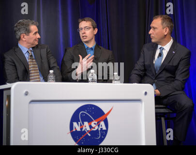 Manager of NASA's Spitzer Science Center at Caltech/IPAC, Pasadena, California Sean Carey, left, University of Liege in Belgium Astronomer Michael Gillon, center, and NASA Associate Administrator of the Science Mission Directorate Thomas Zurbuchen present research findings during a TRAPPIST-1 planets briefing, Wednesday, Feb. 22, 2017 at NASA Headquarters in Washington. Researchers revealed the first known system of seven Earth-size planets around a single star called TRAPPIST-1. Photo Credit: (NASA/Bill Ingalls)  More: exoplanets.nasa.gov/trappist1/ ( https://exoplanets.nasa.gov/trappist1/ )