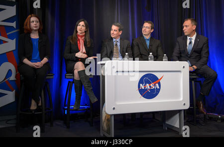 TRAPPIST-1 planets briefing with presenters, from left, Astronomer at the Space Telescope Science Institute in Baltimore Nikole Lewis, Professor of planetary science and physics at Massachusetts Institute of Technology, Cambridge Sara Seager, Manager of NASA's Spitzer Science Center at Caltech/IPAC, Pasadena, California Sean Carey, University of Liege in Belgium Astronomer Michael Gillon, and NASA Associate Administrator of the Science Mission Directorate Thomas Zurbuchen, Wednesday, Feb. 22, 2017 at NASA Headquarters in Washington. Researchers revealed the first known system of seven Earth-si