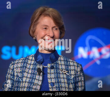 U.S. Chamber of Commerce Counselor Carol Hallett is seen during the U.S. Chamber of Commerce’s 16th Annual Aviation Summit, Thursday, March 2, 2017 at the Omni Shoreham Hotel in Washington. NASA astronauts, Expedition 50 Commander Shane Kimbrough and Flight Engineer Peggy Whitson, answered questions from acting NASA Administrator Robert Lightfoot, Canadian Minister of Transport Marc Garneau, and Hallett, live from the International Space Station. Photo Credit: (NASA/Bill Ingalls) Stock Photo
