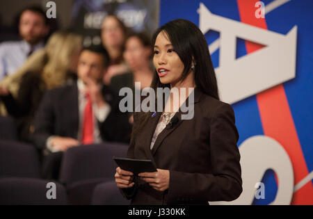 NASA Public Affairs Officer Felicia Chou moderates a briefing which discussed findings by researchers with NASA's Cassini mission and Hubble Space Telescope which provide new details about the icy, ocean-bearing moons of Jupiter and Saturn, Thursday, April 13, 2017 at NASA Headquarters in Washington, DC.