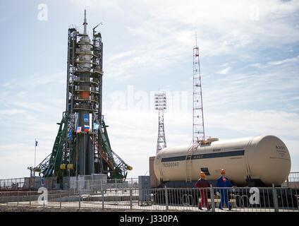 The Soyuz MS-04 spacecraft is seen after being rolled out by train and secured at the launch pad on Monday, April 17, 2017 at the Baikonur Cosmodrome in Kazakhstan.  Launch of the Soyuz rocket is scheduled for April 20 and will carry Expedition 51 Soyuz Commander Fyodor Yurchikhin of Roscosmos and Flight Engineer Jack Fischer of NASA into orbit to begin their four and a half month mission on the International Space Station.Photo Credit: (NASA/Aubrey Gemignani) Stock Photo