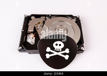 skull with bones and hard drive from computer, cyber security concept, virus, malware, ransomware, Stock Photo