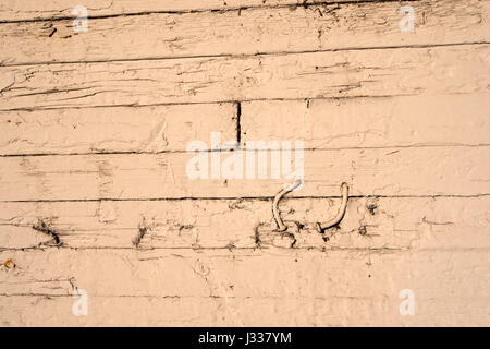 The background of the old wooden boards of a wall painted beige paint c. In the wall of bent nails sticking out Stock Photo