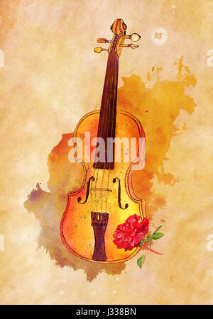 A watercolour and ink drawing of a violin with a red rose, with a texture of paint splashes, on old paper with a place for text Stock Photo