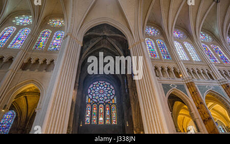 France, Centre-Val de Loire, Chartres, interior of Chartres Cathedral, in the centre the North transept rose window shows the Virgin and Child and is  Stock Photo