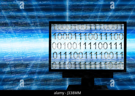 computer monitor with binary digits and screen and code in background Stock Photo