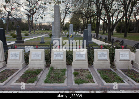 Graves of Soviet military officers fallen during the Hungarian Uprising (1956) on the Soviet War Memorial at the Kerepesi Cemetery in Budapest, Hungary. Stock Photo