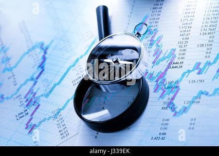 Operating budget, magnifying glass and black compass Stock Photo