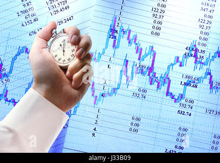 Candlestick chart graphic, budget and stopwatch in male hand Stock Photo
