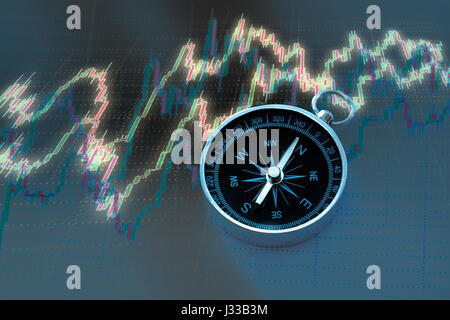 Candlestick chart graphic and black compass in light Stock Photo