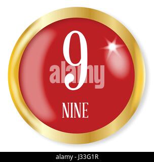 9 for Nine button from the NATO phonetic alphabet/number with a gold metal circular border over a white background Stock Vector