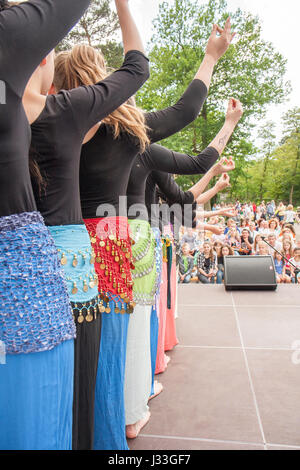 Jozefow, Poland - May 30, 2015: Young girls in oriental costumes while dancing Stock Photo