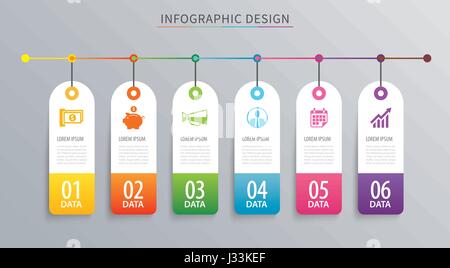 Infographics tag banner 6 option template. Vector illustration background. Can be used for workflow layout, data, business step, web design. Stock Vector