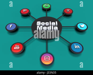 social media icons in hires 3D circle shapes. Stock Photo