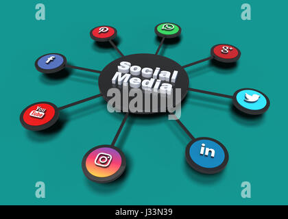 social media icons in hires 3D circle shapes. Stock Photo