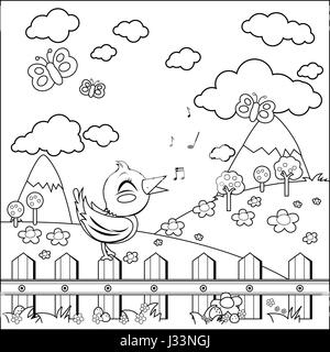 Bird sitting on a fence and singing in the countryside. Coloring book page Stock Vector