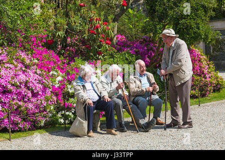 Group of elderly visitors sat relaxing at Isola Bella gardens at Isola Bella, Lake Maggiore, Italy in April Stock Photo
