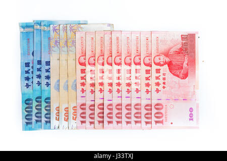 Spread of 1000, 500 and 100 New Taiwan Dollars bill isolated on white background Stock Photo