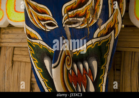 Mask and costume Phi Ta Khon of Ghost Festival also known as Bun Pha Wet for people visit at Phi Ta Khon Museum in Wat Phon Chai on February 22, 2017  Stock Photo