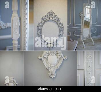 Decorative molding ornaments on the gray wall. Classic decor. Retro. Collage Stock Photo