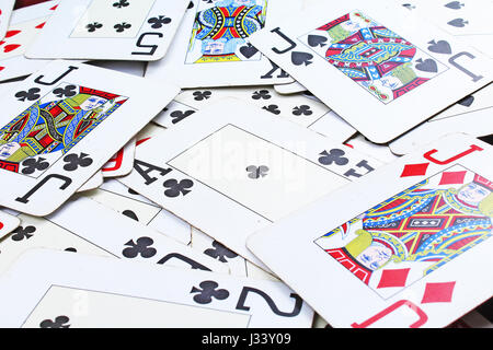 Poker card texture. Casino cards as background. French playing cards. Ace king queen pattern, Cards color deck heart Stock Photo