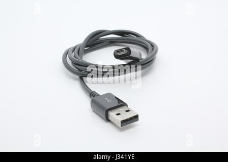 Black USB and micro USB cable isolated on white background Stock Photo