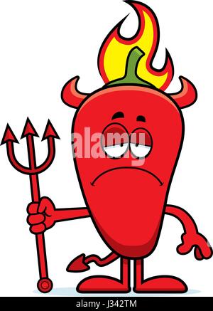 A cartoon illustration of a chili pepper devil looking sad. Stock Vector