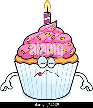 A cartoon illustration of a birthday cupcake looking sick. Stock Vector