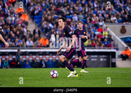 BARCELONA - APR 29: Lionel Messi plays at the La Liga match between RCD Espanyol and FC Barcelona at RCDE Stadium on April 29, 2017 in Barcelona, Spai Stock Photo