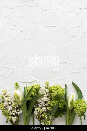 White textured background with fresh spring flowers, design ready frame with copy space Stock Photo