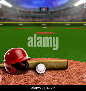 Baseball stadium full of fans in the stands with baseball helmet, bat and ball on infield dirt clay. Deliberate focus on equipment and foreground with Stock Photo