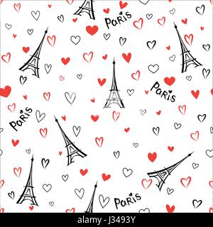 Travel France seamless pattern. Paris city vacation wallpaper. Eiffel tower landmark background with love hearts Stock Vector
