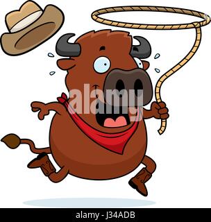 A cartoon illustration of a buffalo running with a lasso. Stock Vector