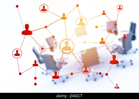 Social networking technologies around a table. Social media concept Stock Photo