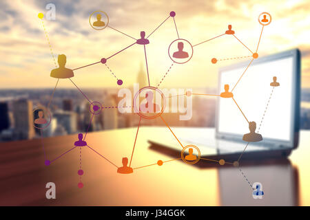 Social networking technologies in front of a city. Social media concept Stock Photo