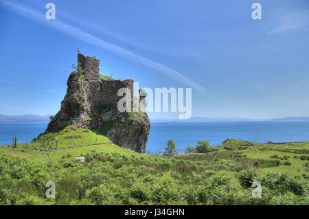 Brochel Castle on the Island of Raasay, an island between the Isle of Skye and the mainland of Scotland. The mainland is in the background. Stock Photo