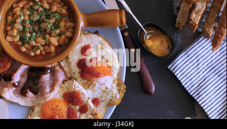 Top down close up view of a full cooked English breakfast Stock Photo